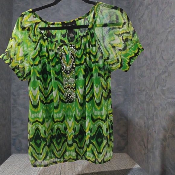 INC International Concepts Tops - INC Green W Gem Stone Center Cap Sleeve Holiday Blouse SZ M